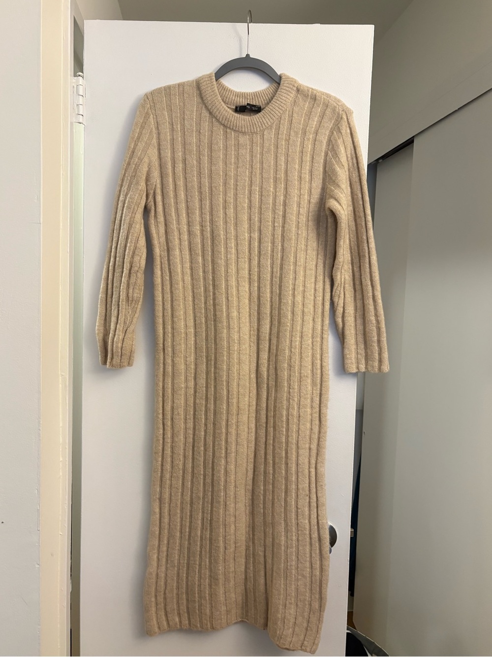 Mango Beige Ribbed Crew-Neck Sweater Dress